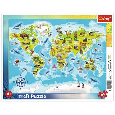 Puzzle Mapa świata ze zwierzętami ramkowe Trefl 25 el. 