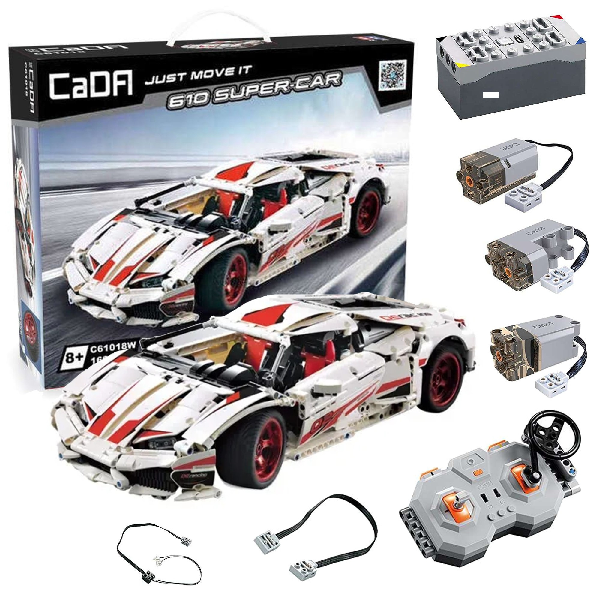 Klocki konstrukcyjne CaDA Zdalnie sterowane due auto sportowe 49 cm z napdem Pro Power System Biay samochd Super Car Pojazd RC 1696 elementw