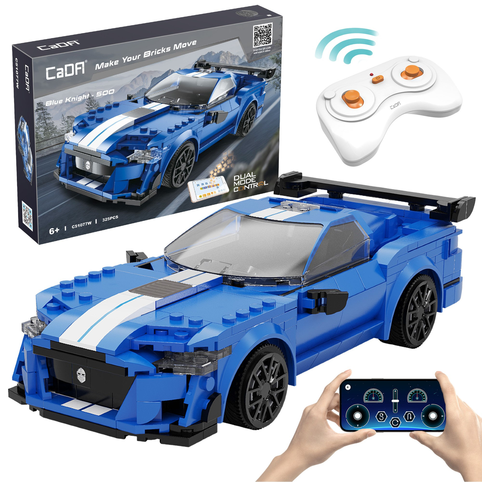 Klocki konstrukcyjne CaDA Zdalnie sterowany samochd wycigowy Niebieskie auto Pojazd Blue Knight 500 Dual Mode RC 325 elementw