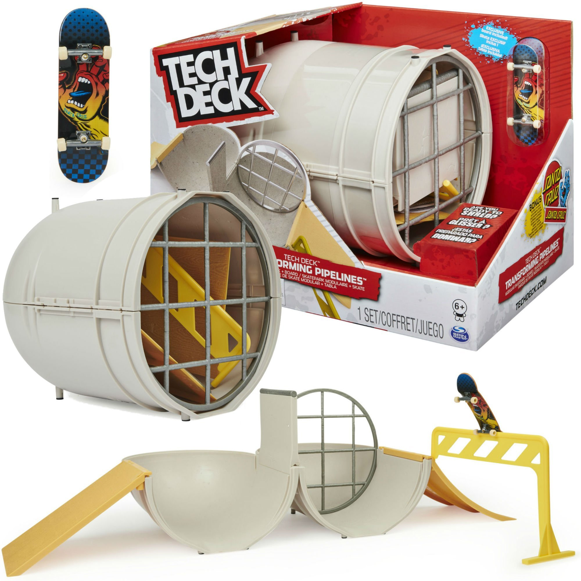 Fingerboard Rampa Skatepark Rozkadany Pipelines + Deskorolka Santa Cruz Tech Deck