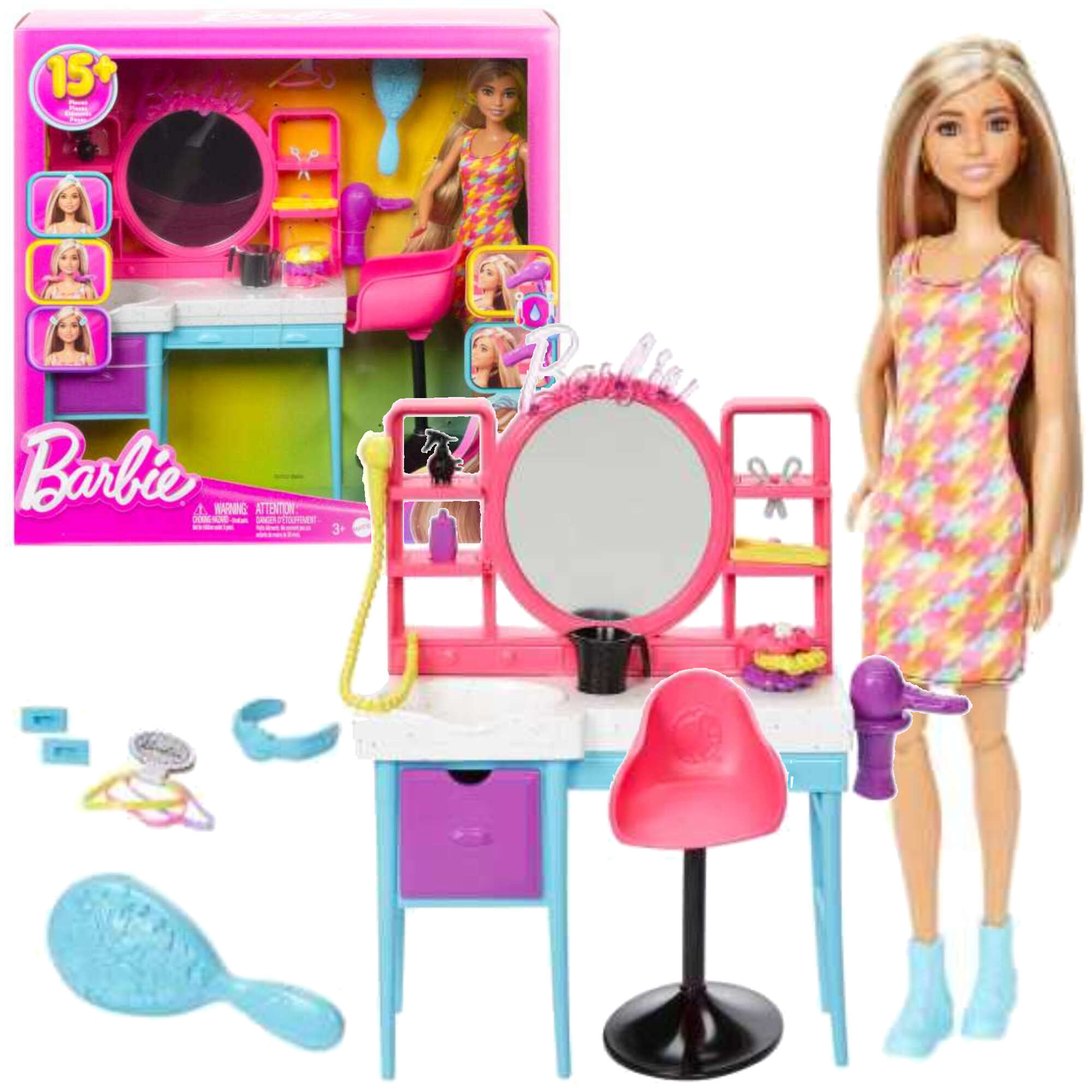 Barbie Zestaw Lalka Fryzjer Kolekcjonerska Salon Fryzjerski + akcesoria 15 elementw