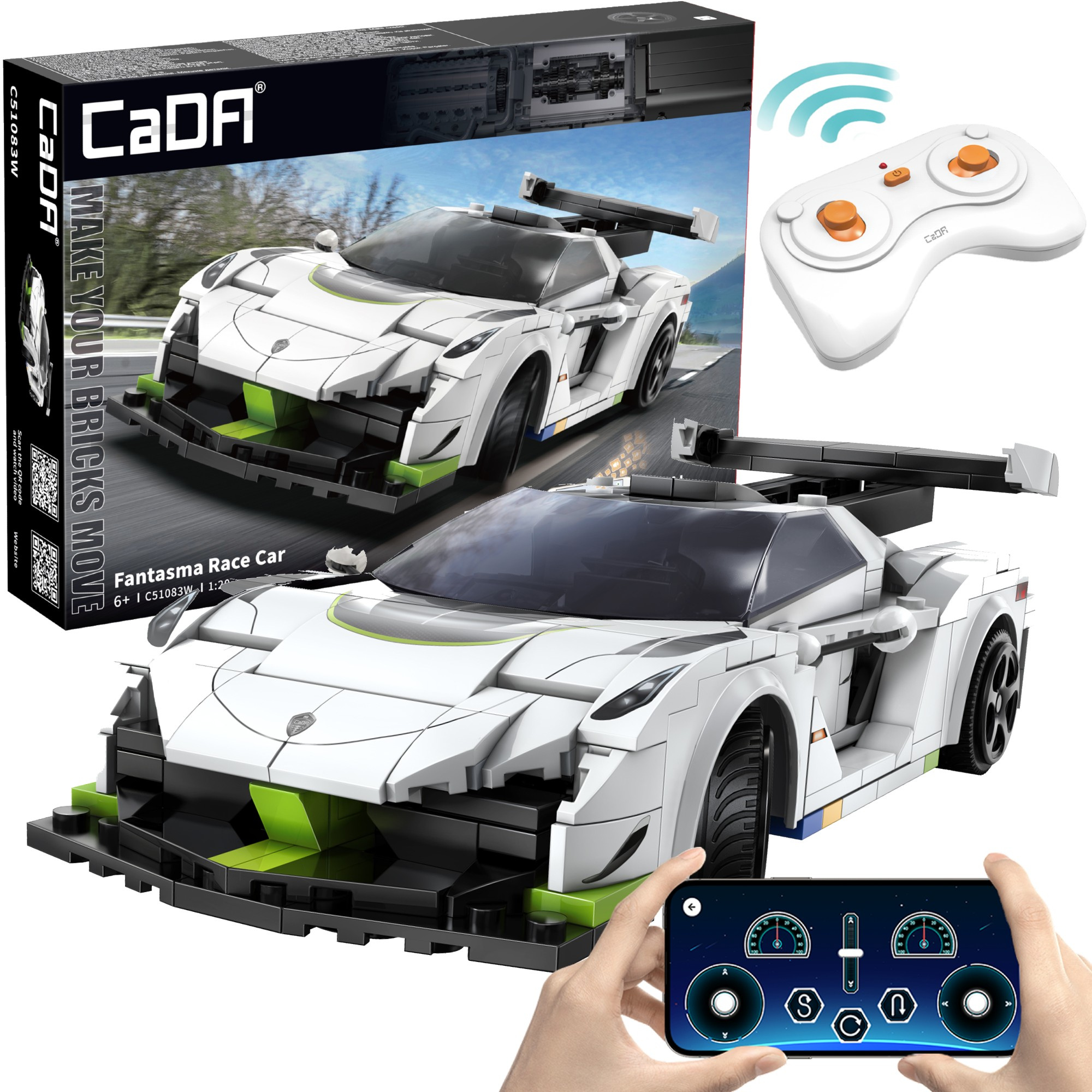 Klocki konstrukcyjne CaDA Samochd zdalnie sterowany Auto wycigowe biae 22 cm Fantasma Race Car Pojazd 322 elementy RC Dual Mode