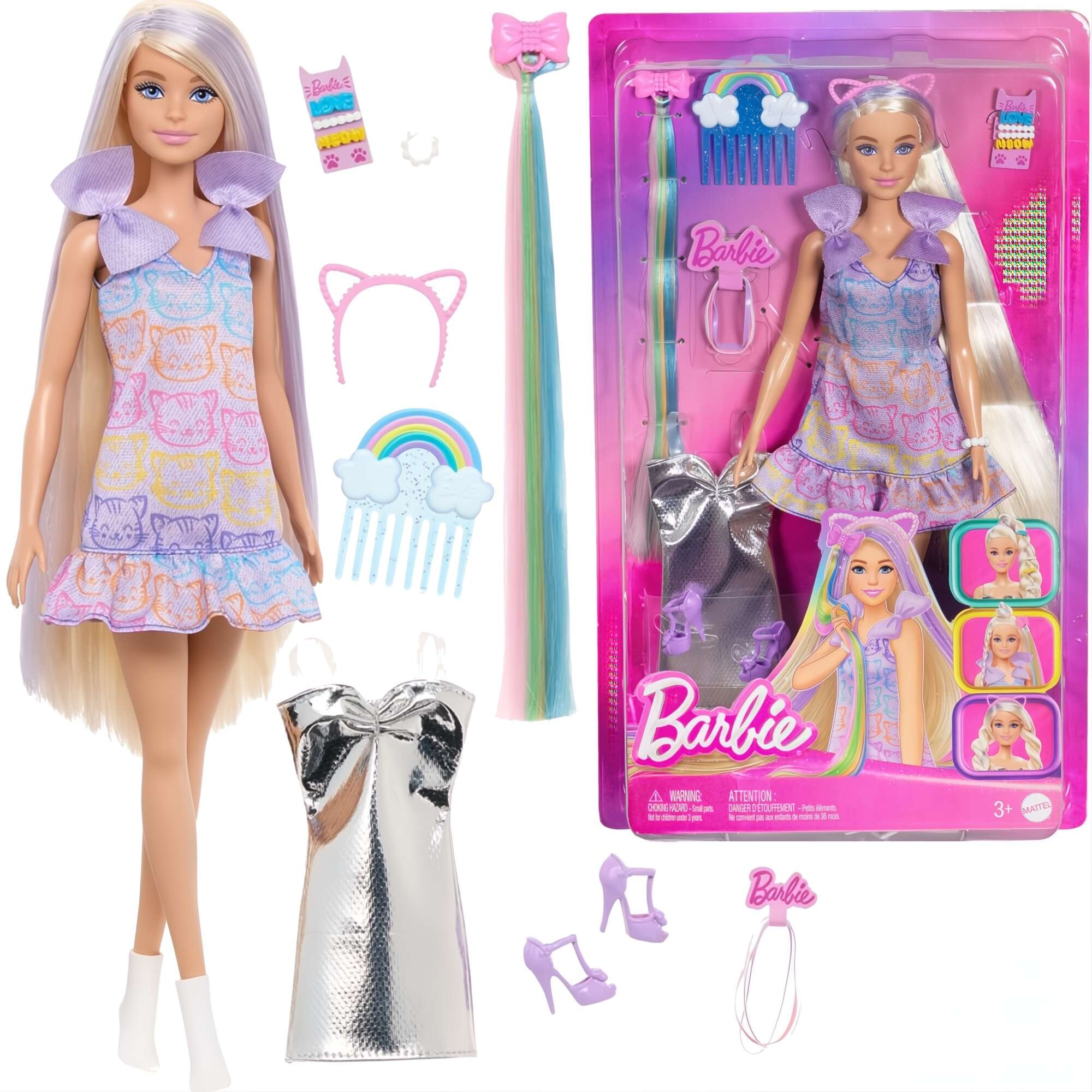 Barbie lalka modowa z metaliczn sukienk i doczepianymi wosami + akcesoria