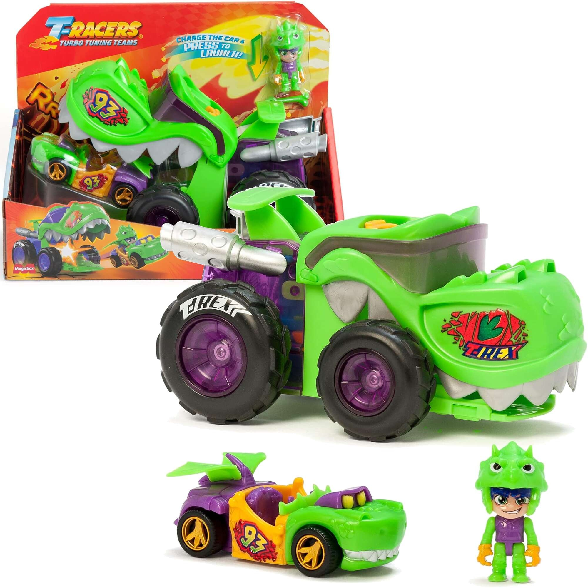 Zestaw T-Racers T-Rex Mega Wheels Auto wyrzutnia i kierowca