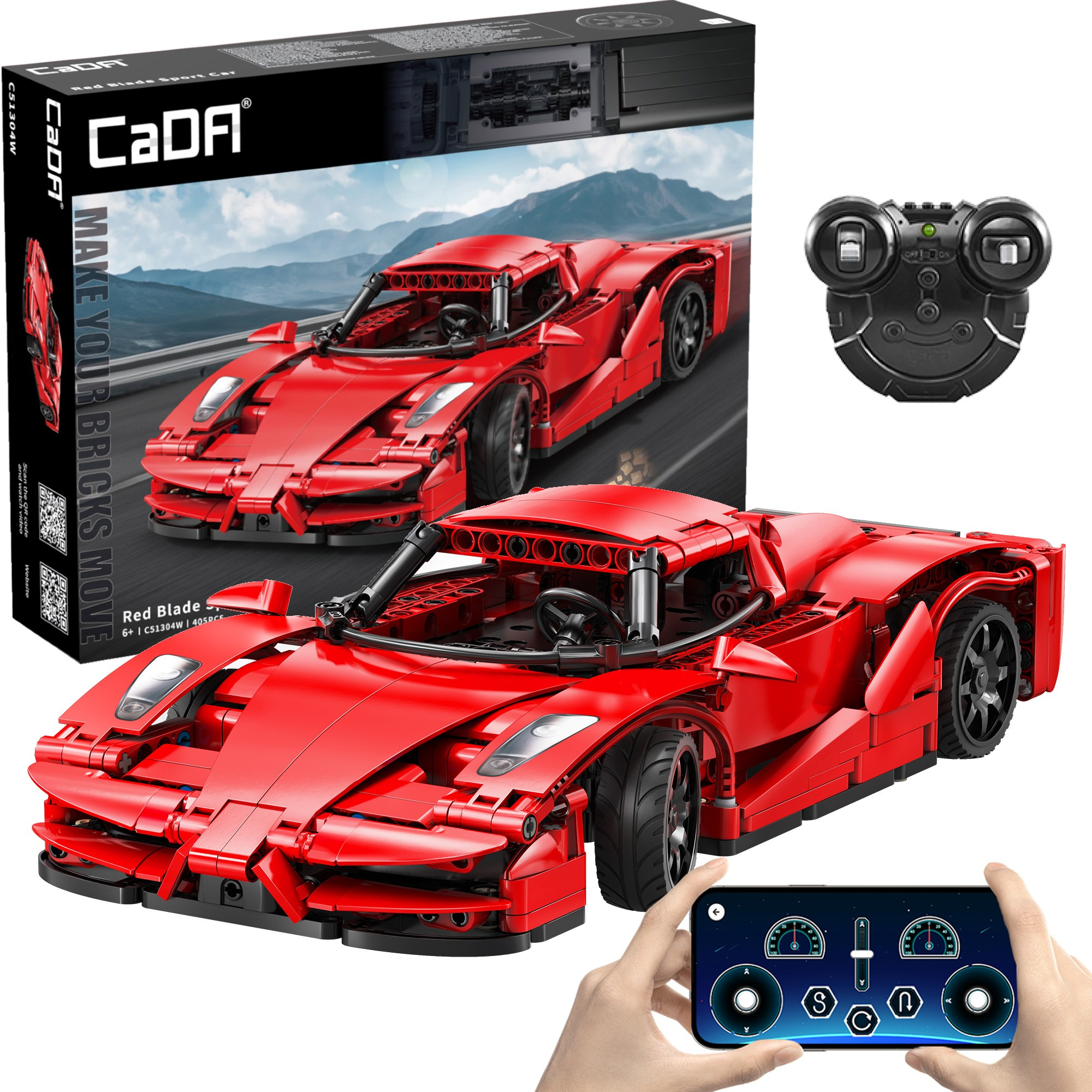 Klocki konstrukcyjne CaDA Samochd zdalnie sterowany Auto sportowe czerwone 32 cm Red Blade Sport Car Pojazd 405 elementw RC Dual Mode