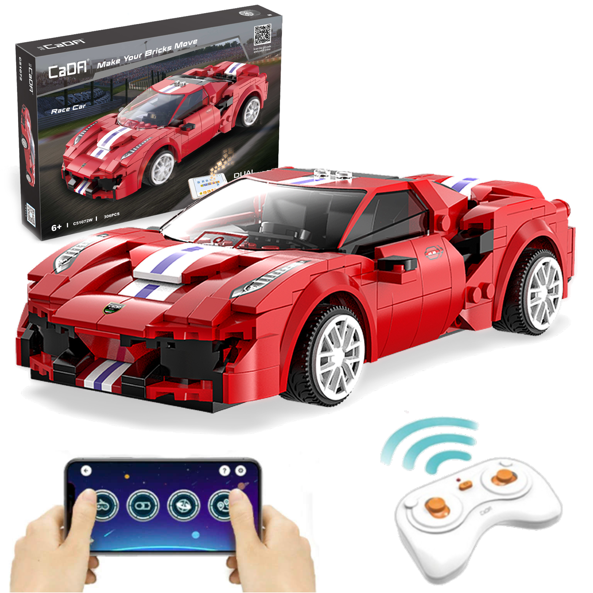 Klocki konstrukcyjne CaDa Zdalnie sterowane auto 20 cm czerwony samochd 488 Race Car 306 elementw RC Dual Mode