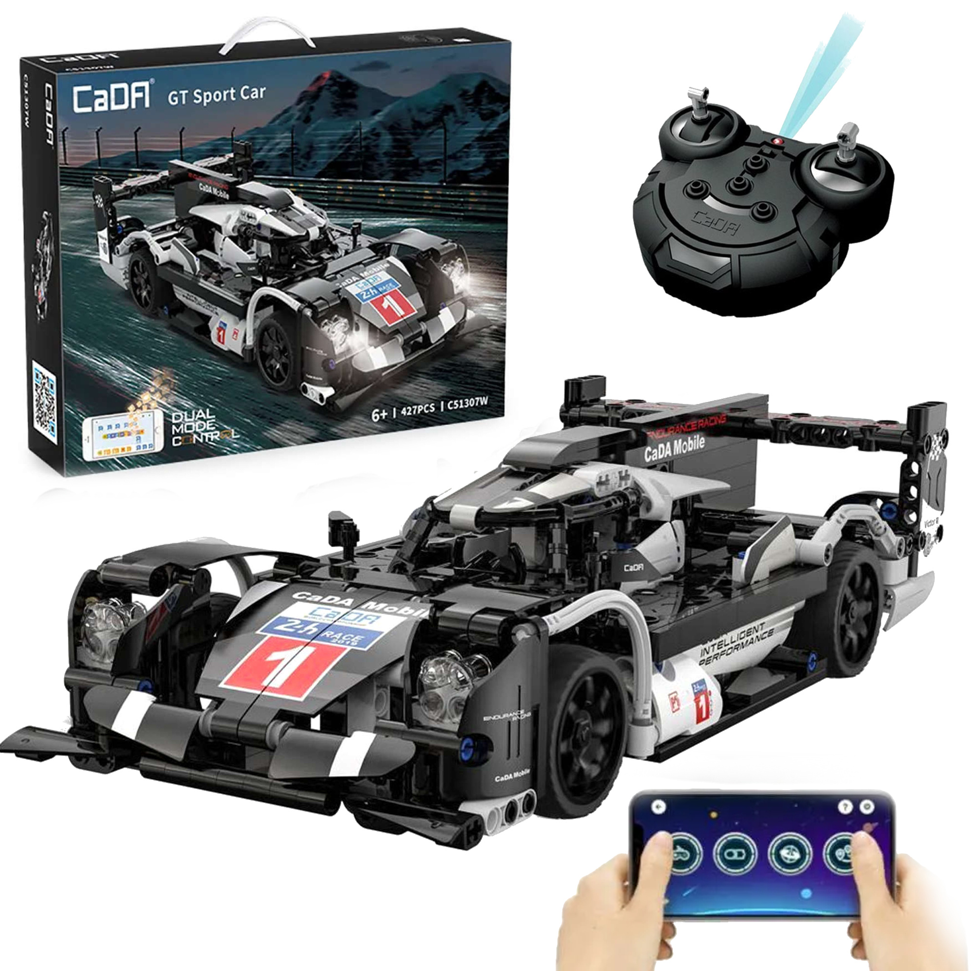 Klocki konstrukcyjne CaDA Zdalnie sterowane due auto sportowe 31 cm Samochd GT Sport Car 427 elementw RC wiato LED Dual Mode