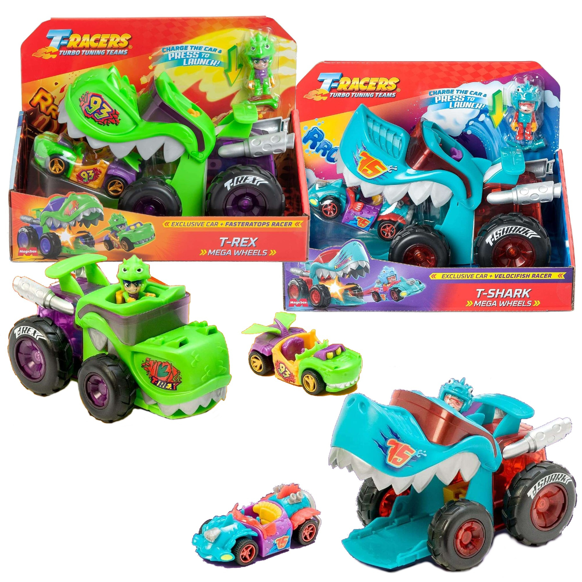 Zestaw T-Racers T-Shark & T-Rex Mega Wheels Auto wyrzutnia i kierowca