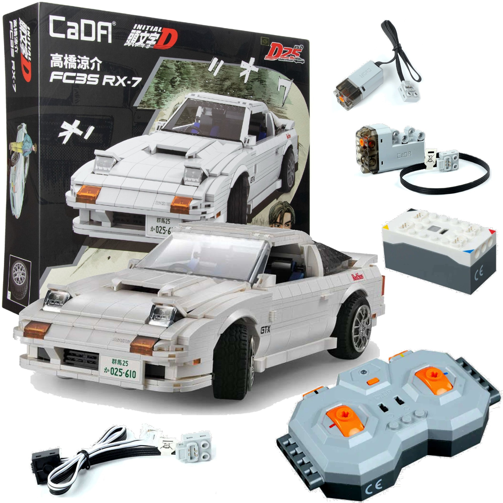 Klocki konstrukcyjne CaDA Zdalnie sterowany samochd Auto biaa Mazda RX-7 manga Initial D 35 cm Pojazd z napdem Power System Pro wiato LED RC 1552 elementw