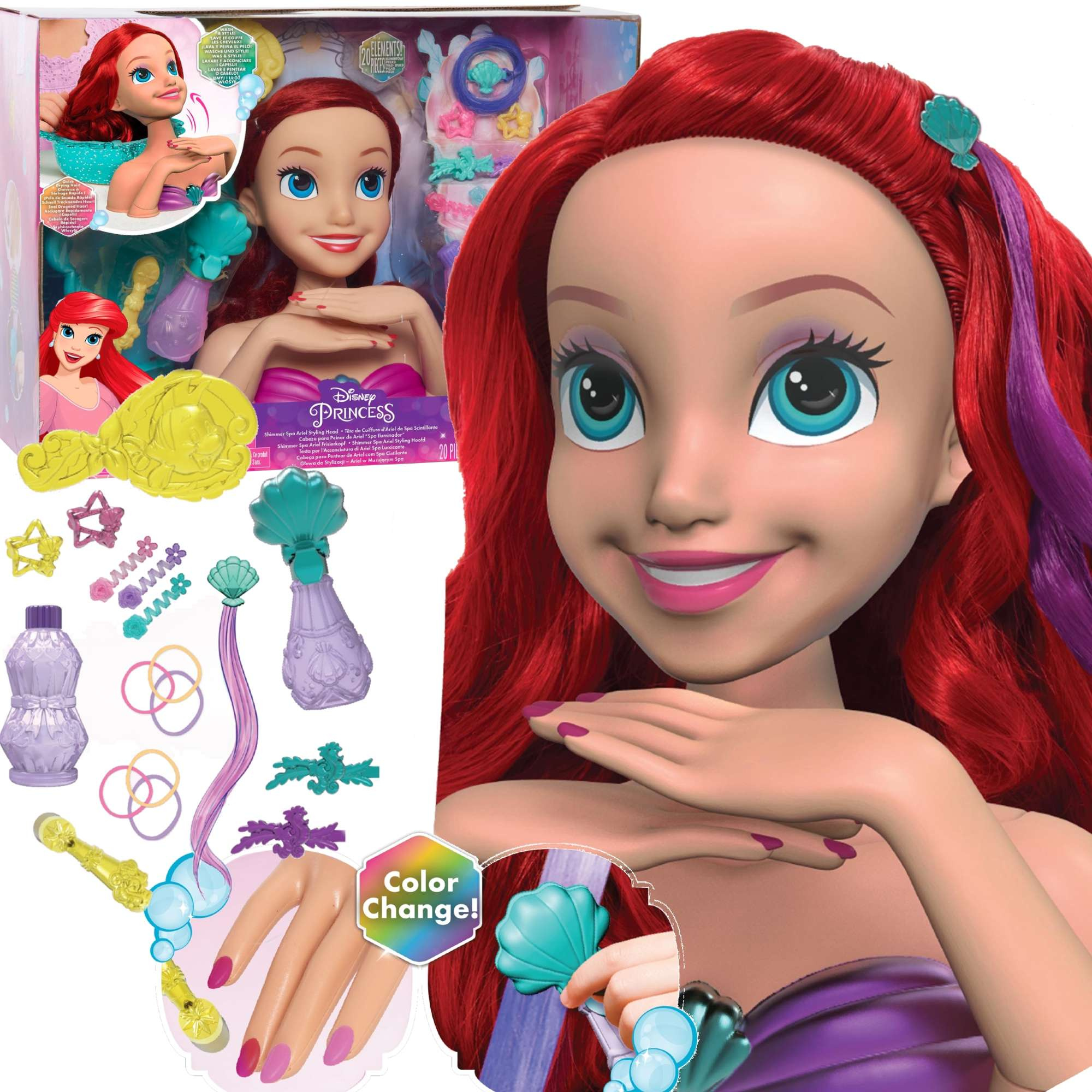 Lalka Dua Gowa do czesania i stylizacji wosw Deluxe Ksiniczka Disney Ariel Arielka Maa Syrenka +akcesoria