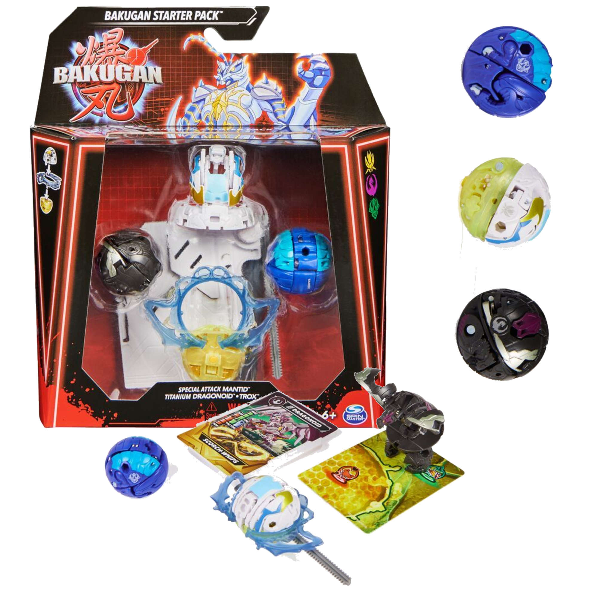 Bakugan Zestaw startowy 3 figurki kolekcjonerskie Atak Specjalny Mantid Titanium Dragonoid Trox Spin Master