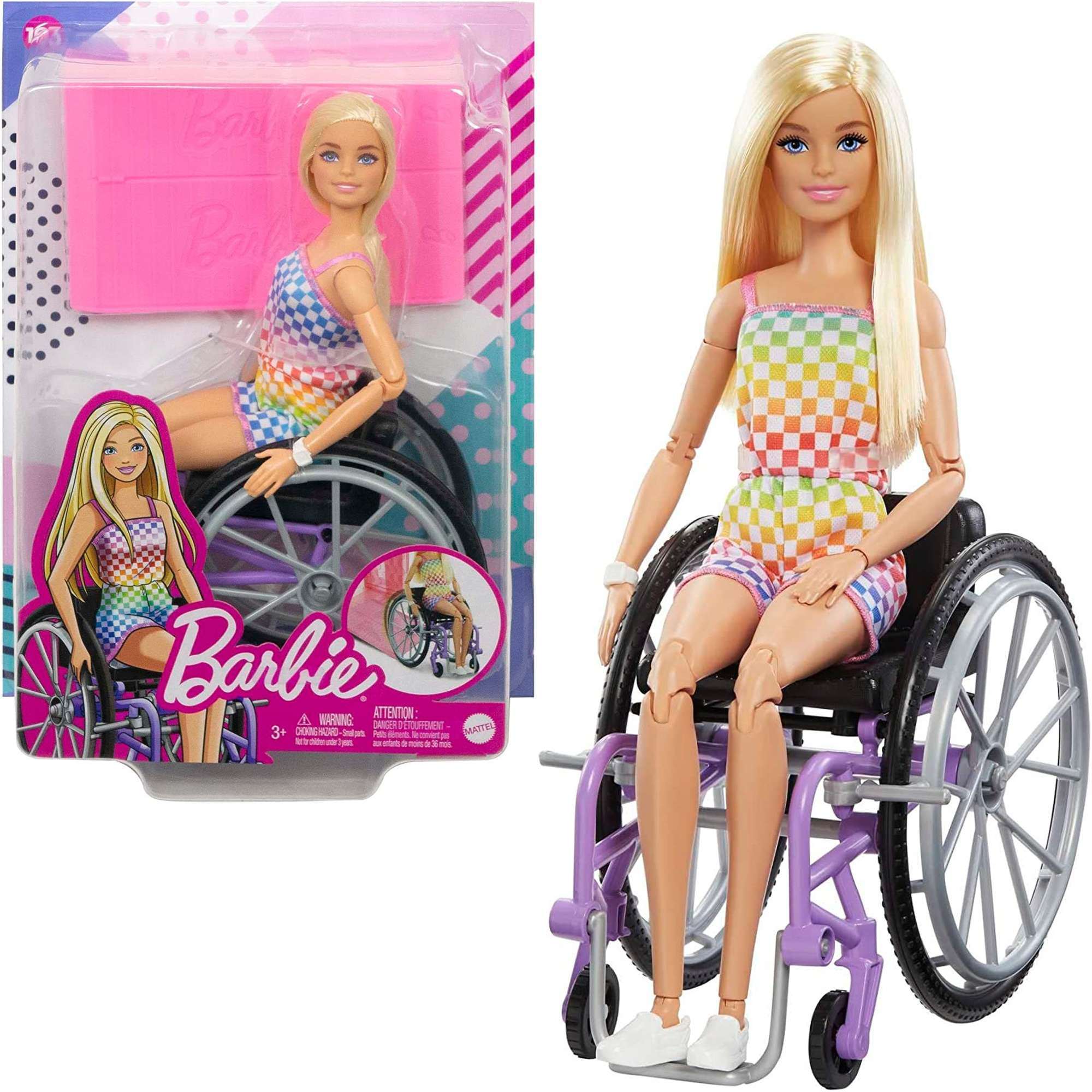 Barbie lalka blondynka na wzku inwalidzkim + rampa