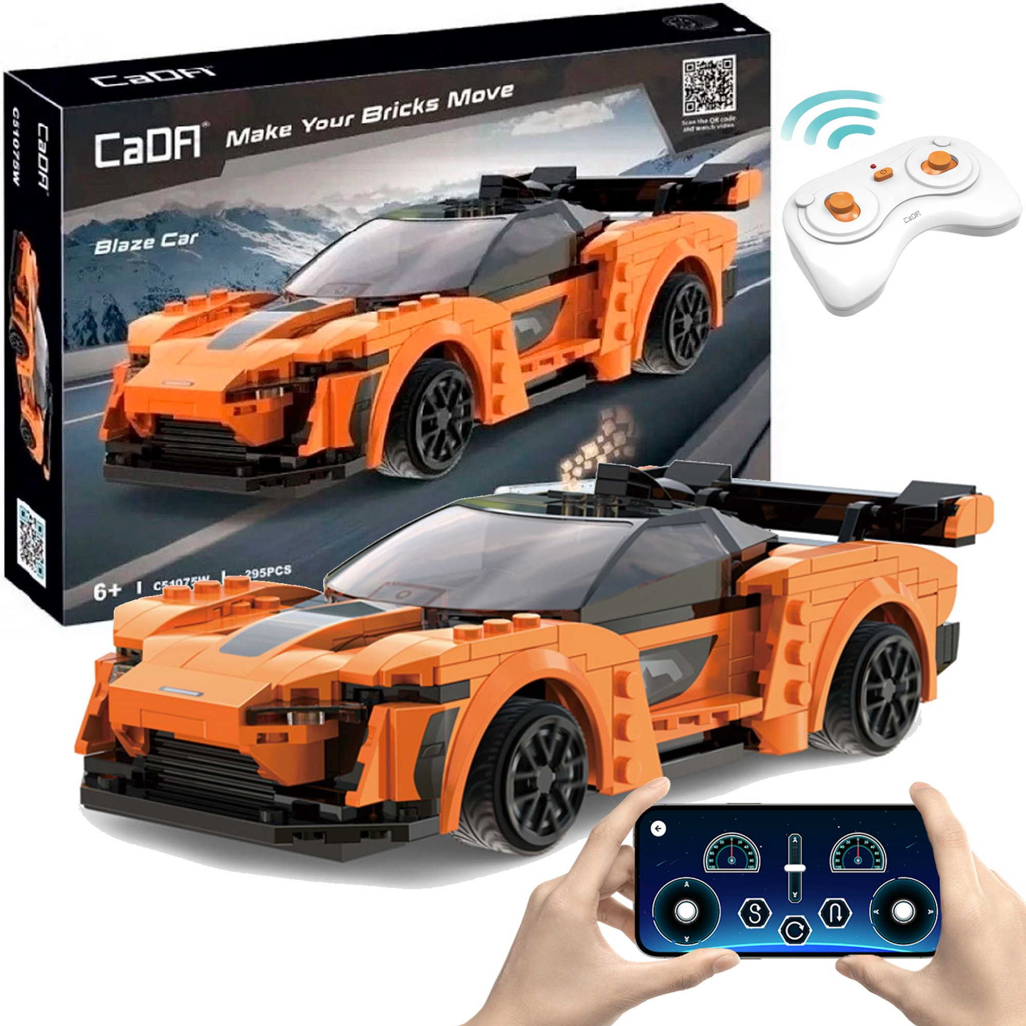 Klocki konstrukcyjne CaDA Zdalnie sterowany samochd Blaze Car Pomaraczowe auto wycigowe Pojazd sportowy RC Dual Mode 295 elementw