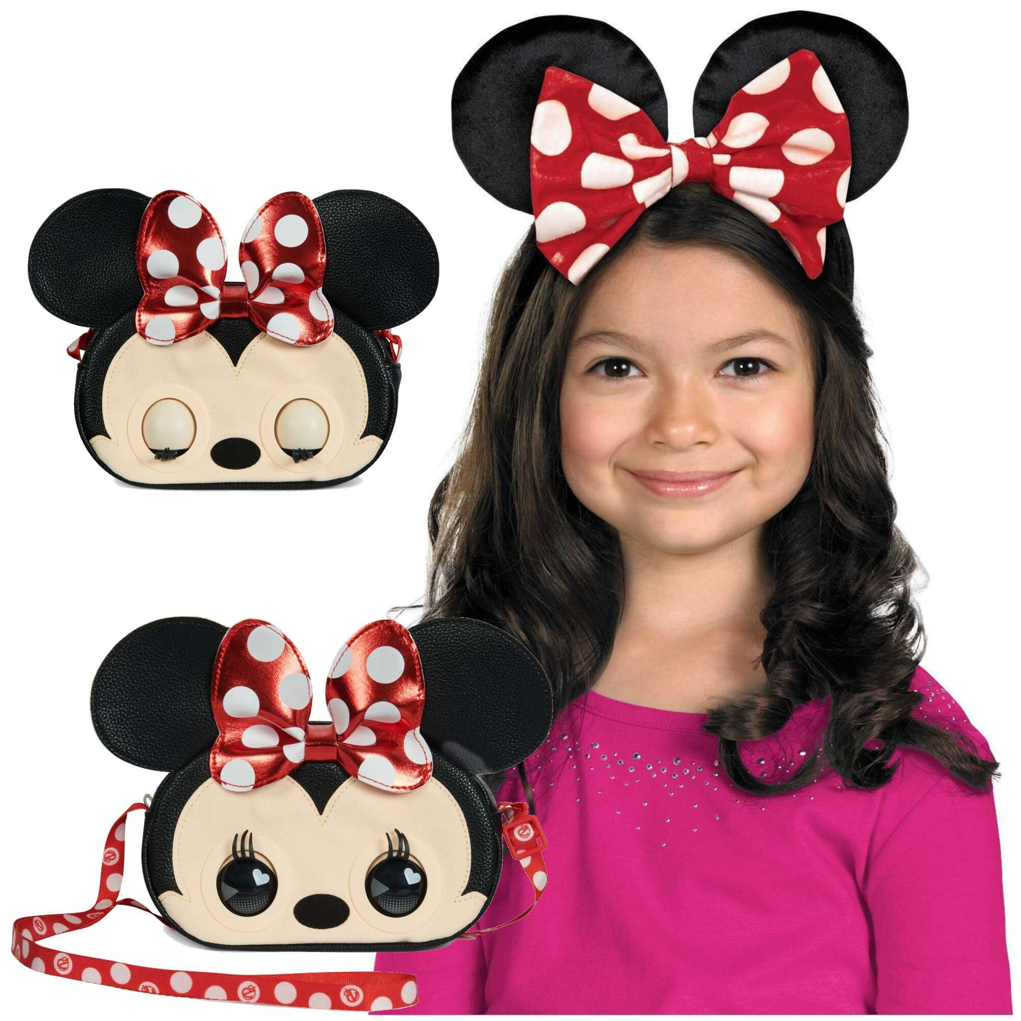 Purse Pets Disney Myszka Minnie Interaktywna Czarna Torebka z ruchomymi oczami + Opaska do wosw Uszy Myszki Minnie z kokardk