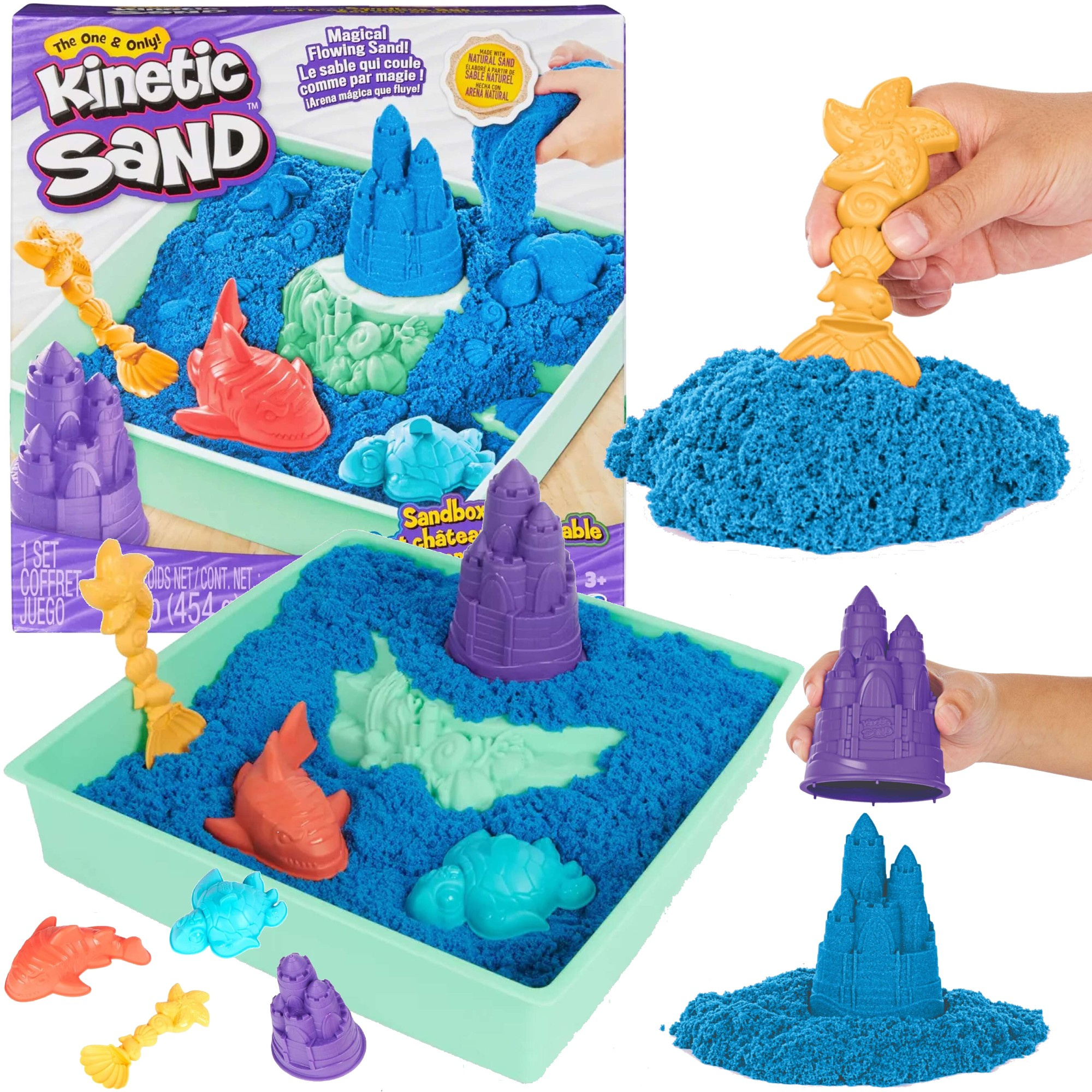 Piasek kinetyczny plastyczny Kinetic Sand Zestaw zamek z niebieskim piaskiem + foremki taca i akcesoria Spin Master