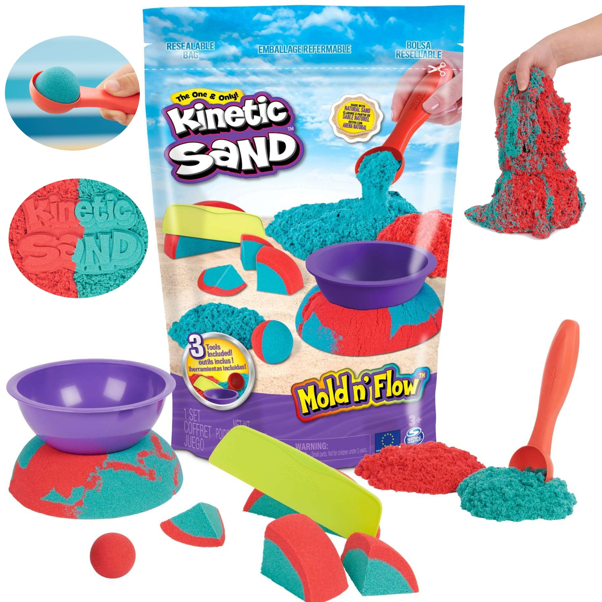 Piasek kinetyczny Kinetic Sand Mold 'n Flow 2 kolory + 3 akcesoria