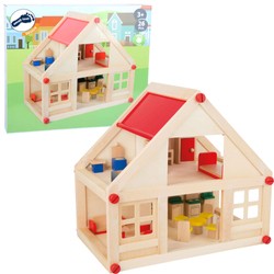 Drewniany domek piętrowy dla lalek z mebelkami 26 elementów