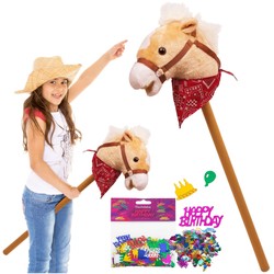 Hobby Horse Koń na kiju do galopowania + Konfetti dekoracja Happy Birthday