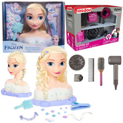 Lalka Duża Głowa do czesania i stylizacji włosów Deluxe Księżniczka Disney Elsa Kraina Lodu z akcesoriami + Dyson Zestaw do stylizacji włosów Suszarka Supersonic 5 elementów