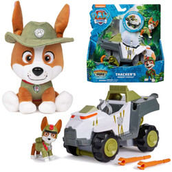 Zestaw Psi Patrol Jungle Pups Pojazd Trackera i figurka + Tracker Maskotka Pluszak Piesek 15 cm