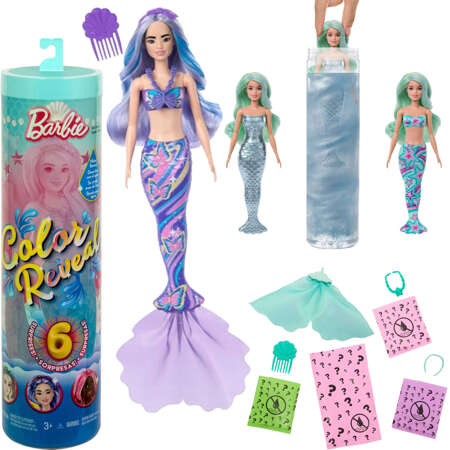 Barbie Color Reveal kolorowa lalka Syrenka morska niespodzianka + akcesoria 6 elementów