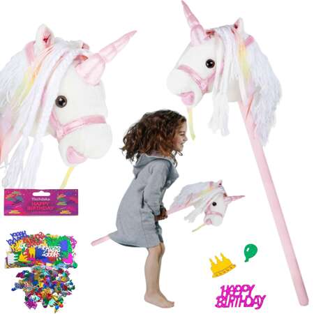 Hobby Horse Jednorożec na kiju do galopowania + Konfetti dekoracja Happy Birthday GRATIS!