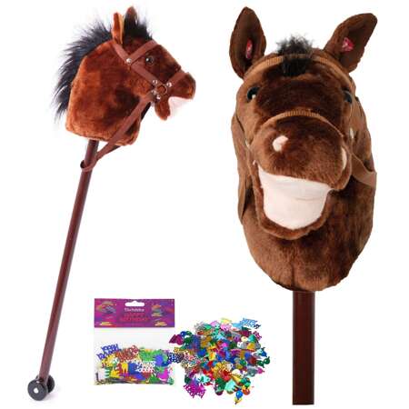 Hobby Horse Koń na kiju do galopowania + Konfetti dekoracja Happy Birthday