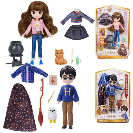 Lalki figurki kolekcjonerskie Harry Potter i sowa Hedwiga oraz Brilliant Hermiona Granger z kociołkiem i rudy kot Krzywołap + akcesoria 20 cm