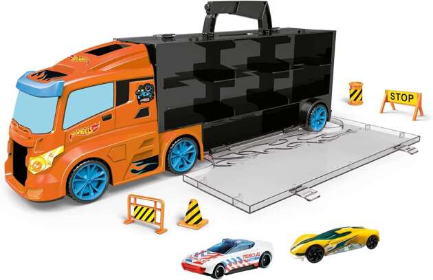 OUTLET Hot Wheels pojemna Ciężarówka Transporter + 2 kolorowe autka samochodziki wyścigowe i akcesoria drogowe USZKODZONE OPAKOWANIE 