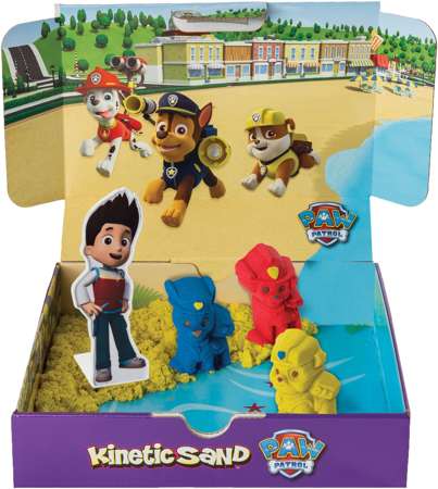 OUTLET Psi Patrol Plastyczny Piasek kinetyczny 340g Kinetic Sand + 3 foremki piesków Chase Marshall Rubble żółty niebieski czerwony PRODUKT WADLIWY - NIEPEŁNY KOMPLET