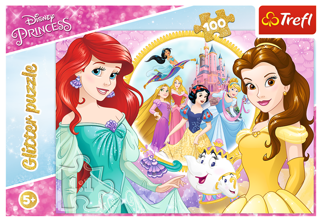 OUTLET Trefl 14819 Puzzle glitter błyszczące księżniczki Disney Bella i Arielka 100 elementów USZKODZONE OPAKOWANIE