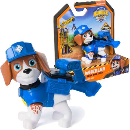 Psi Patrol Rubble&Crew Figurka Piesek Rubble i jego Ekipa Budowlaniec z ruchomym plecakiem figurka Wheeler 6 cm