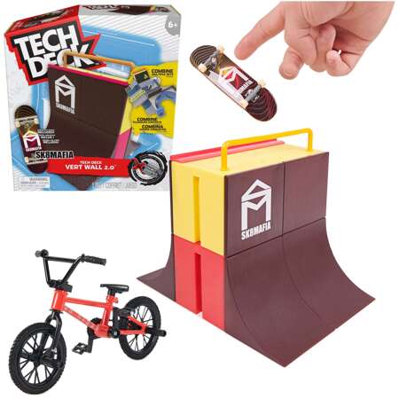 Tech Deck zestaw fingerboard Rampa Vert Wall 2.0 Sk8mafia + deskorolka kolekcjonerska + fingerbike BMX mini rower czerwony SE Bikes