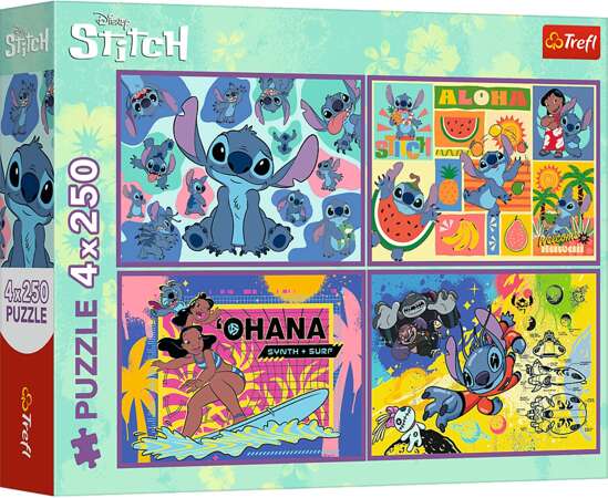 Trefl Puzzle 4 x 250 elementów Niezwykły Stitch kolorowa Układanka