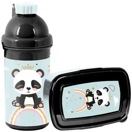 Zestaw Paso Pudełko śniadaniowe Śniadaniówka Panda 750 ml + Bidon Szkolny 550 ml szaro-różowy z kotkiem